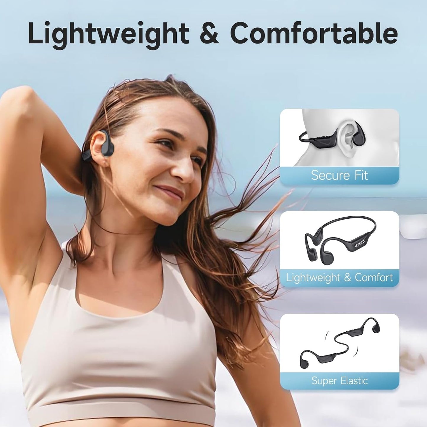 IFECCO Bone Conduction Headphones Bluetooth 5.4 - IPX5 Waterproof Bone Conduction Earbuds with Mic,Open Ear Wireless Sport Headphones for Cycling Running Hiking Bicycle