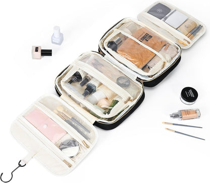 MDODO Hanging Travel Toiletry Bag for Women Traveling with Leakproof Compartment,Transparent Makeup Organizer Cosmetic Make up Bag for Full Sized Travel Accessories Essentials Must Have (Black)
