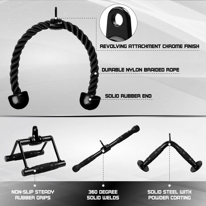 Yes4All Black Combo Tricep Press Down Cable Machine Attachment, LAT Pulldown Attachments for Gym Set with Tricep Pull Down Rope, Double D Handles, V-Shaped Bar and Rotating Pull Down Straight Bar