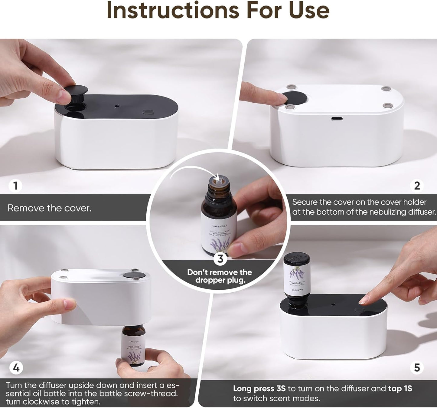 Waterless Diffuser for Essential Oil, Scent Air Aromatherapy Diffuser, Mini Portable Aroma Diffusers with 3 Mist Modes, Cycle Start, for 160 sq.ft Room Home Office Bedroom