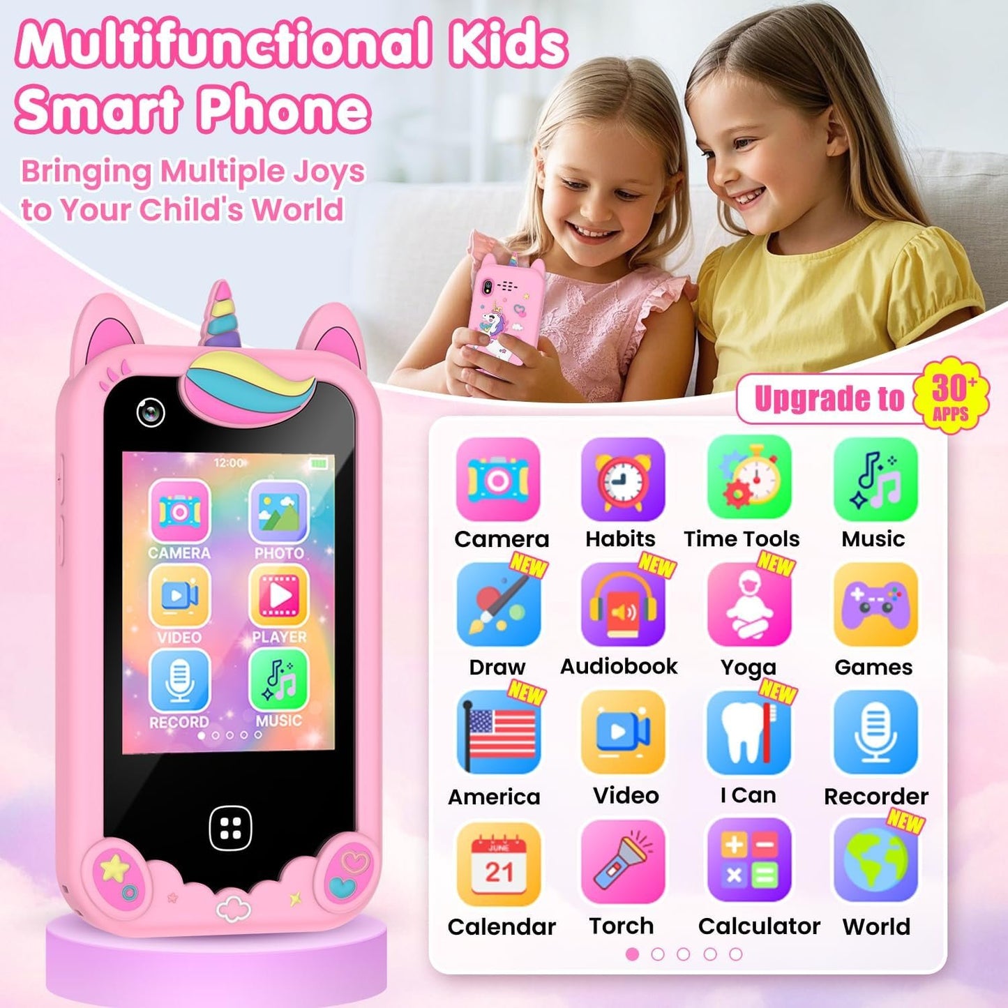 Kids Smart Phone for Boys, Christmas Birthday Gift for Ages 3-8, Toddler Learning Toy Touchscreen Cell Phone with Dual Camera, Music Player, Game, 8GB SD Card (Pink)
