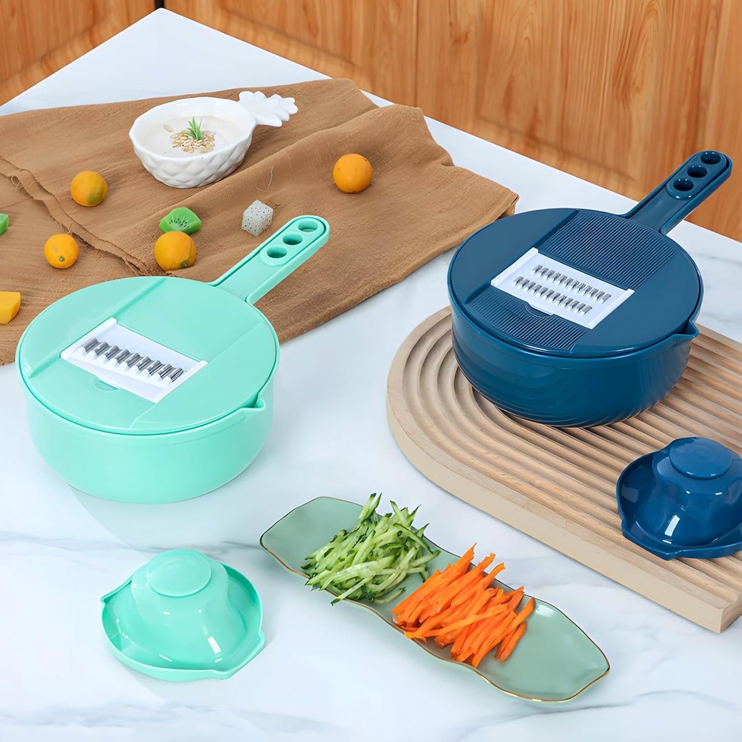 Vegetable and Cheese Grater Tool Set, Multifunction with Drain Basket, Vegetable Slicer, Mandolin Slicer, Chopper, Kitchen Gadget, Peeler and Shredder (Blue, 9 in