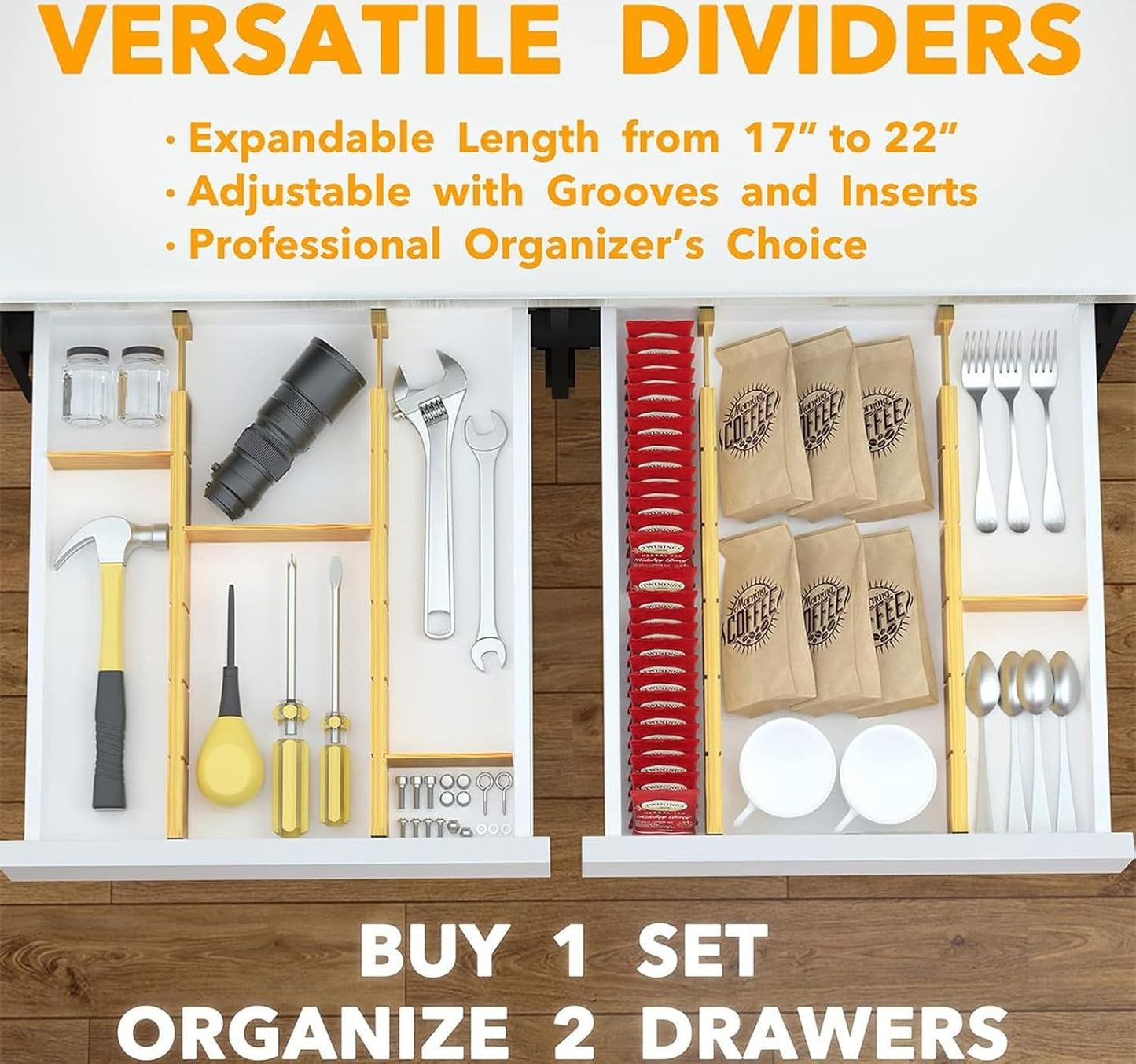 DoublleHui Bamboo Drawer Dividers with Inserts and Labels, Expandable Organization for Home, Office, Dressers, 4 Dividers with 9 Inserts (43-56cm), Natural Brown