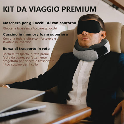 Proglobe Neck Travel Pillow - Neck Pillow, 100% Memory Foam, Sleep Pillow, Ideal for Travel by Plane, Car, Train, with 3D Mask, and Premium Mesh Bag, Grey