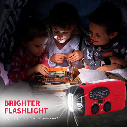 Great One Emergency Hand Crank Self Powered AM/FM NOAA Solar Weather Radio with LED Flashlight, 1000mAh Power Bank for iPhone/Smart Phone 088 red