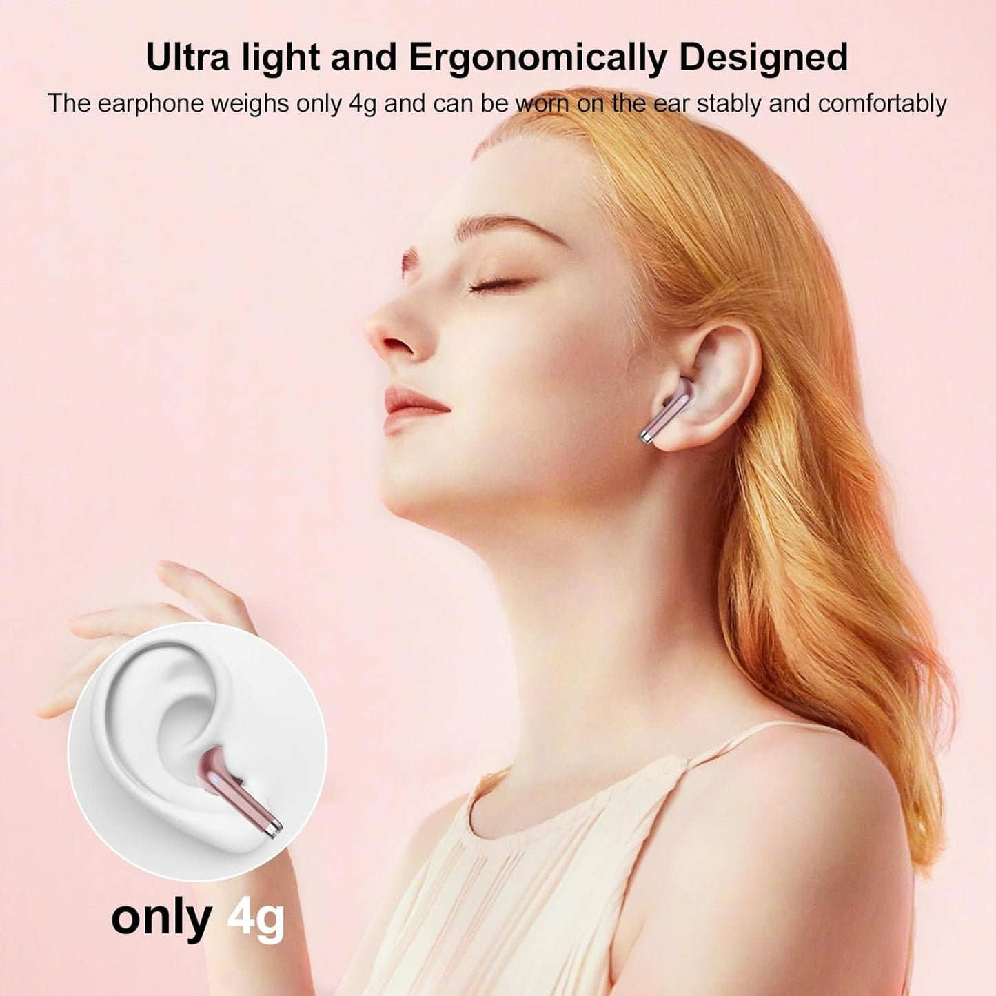 Wireless Earbuds, in Ear Headphones Bluetooth 5.3 with HiFi Stereo Deep Bass, Ear Buds with ENC Noise Cancelling Mics, Smart Touch, 40 Hours Playtime, Earphones for Sports, Work, Leisure, Rose Gold