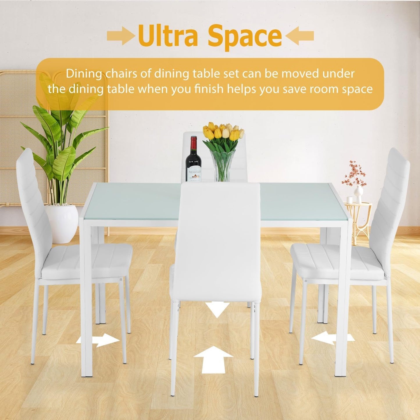 Ruesleag Dining Table Set 5-Piece Dining Room Glass Tabletop Table &Upholstered Chairs for 4 Modern Kitchen Table with Chairs Space-Saving Home Furniture Dining Sets for Dining Room Living Room,Black