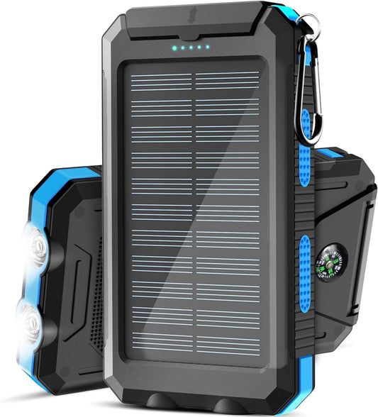 Solar Charger 20000mAh, Portable Solar Power Bank Waterproof Solar Phone Chargers Compatible with All Smartphone External Battery Pack with 2 USB Ports/LED Flashlights for Outdoor Camping(Blue)