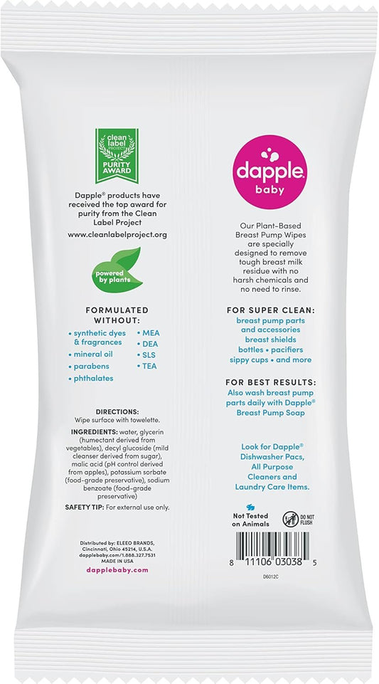 Dapple Baby Breast Pump Wipes, 25 Count (Pack of 3), Fragrance Free, Plant Based & Hypoallergenic Breast Pump Wipes - Removes Milk Residue, Leaves No Taste - Convenient Wipes Pouch
