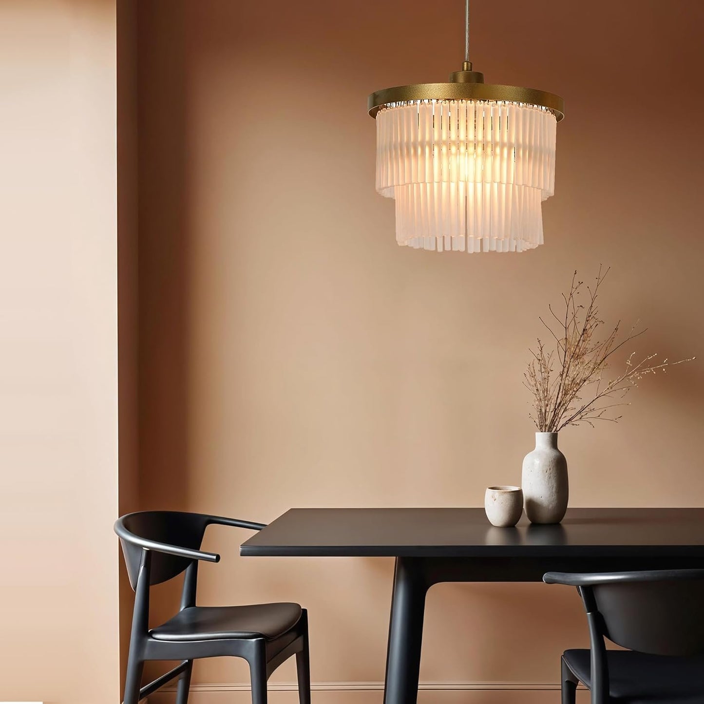 Lexi Lighting Greer Chandelier Light, Dia 25cm, 1 Light Stylish Gold Metal Tiered Frosted Rods Glass Easy-fit Shade Pendant Ceiling Light for Any Living Room, Dining Area, or Bedroom