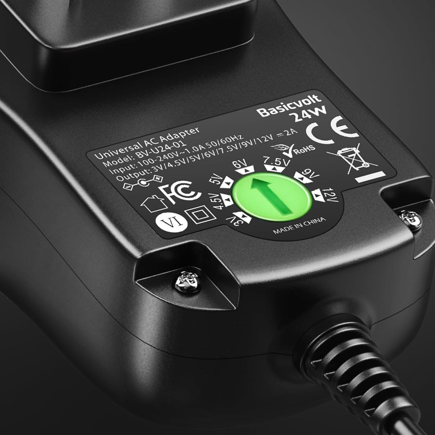 Basicvolt Universal AC/DC Adapter Multi-Voltage Switching Power Supply with 11 DC Tips for 3V 4.5V 5V 6V 7.5V 9V 12V Household Electronics - 2.0A 24Watt Max