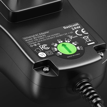 Basicvolt Universal AC/DC Adapter Multi-Voltage Switching Power Supply with 11 DC Tips for 3V 4.5V 5V 6V 7.5V 9V 12V Household Electronics - 2.0A 24Watt Max