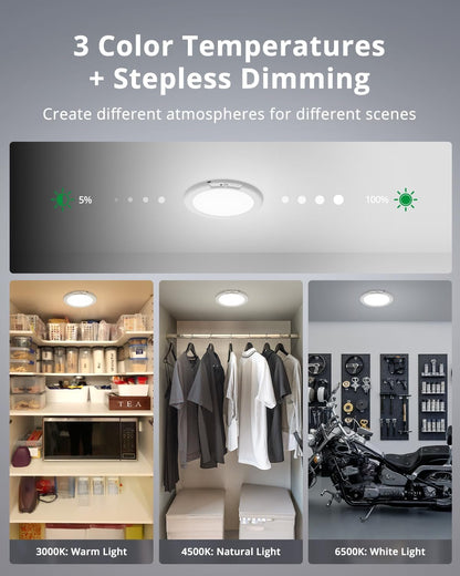 Bojim Battery Operated Ceiling Light 4 Pack, Rechargeable Motion Sensor Indoor Wireless Lamp with Remote, 3000K/4500K/6500K, 7.48in Dimmable Timed, for Shower, Closet, Pantry