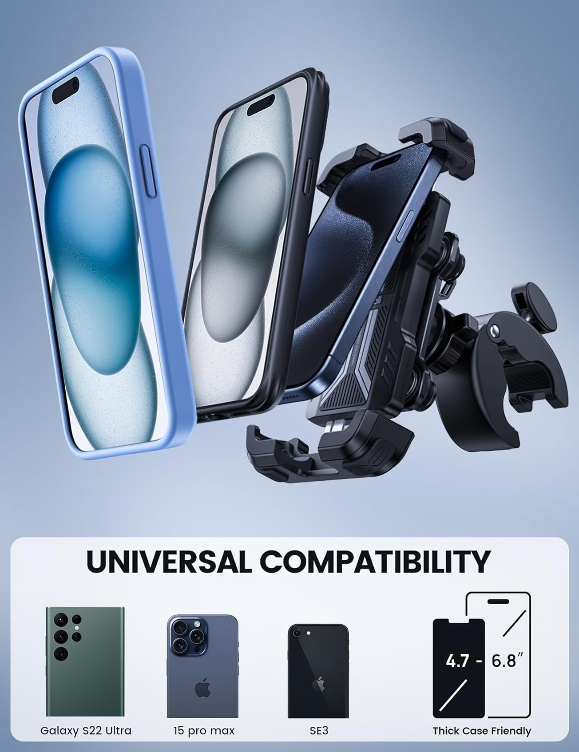 Lamicall Anti-Vibration Motorcycle Phone Holder – [Dual Shock Absorber] 360° Rotation, Universal Handlebar Mount Mobile Phone Bicycle for iPhone 16 15 14 13 12 Series, Xiaomi, 4.7-6.8 Inch Smartphones
