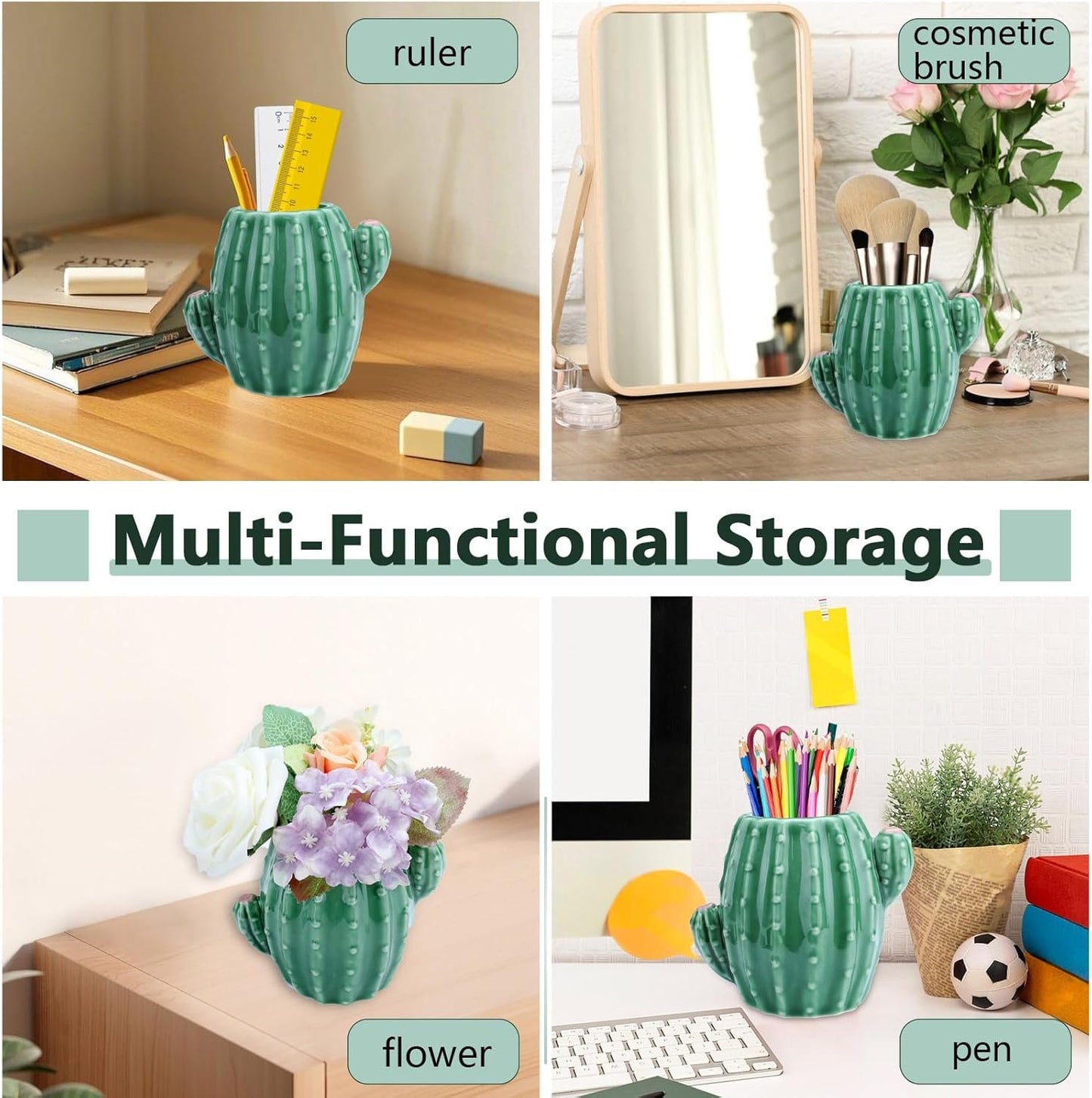 Cactus Ceramic Pen Holder Cute Pen Cup, Pencil Cups for Desk Pencil Holder, Pencil Caddy for Desk Accessories Office Decor, Cactus Makeup Brush Organizer (Green)