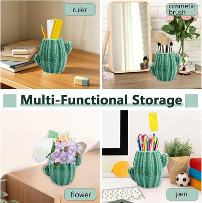 Cactus Ceramic Pen Holder Cute Pen Cup, Pencil Cups for Desk Pencil Holder, Pencil Caddy for Desk Accessories Office Decor, Cactus Makeup Brush Organizer (Green)