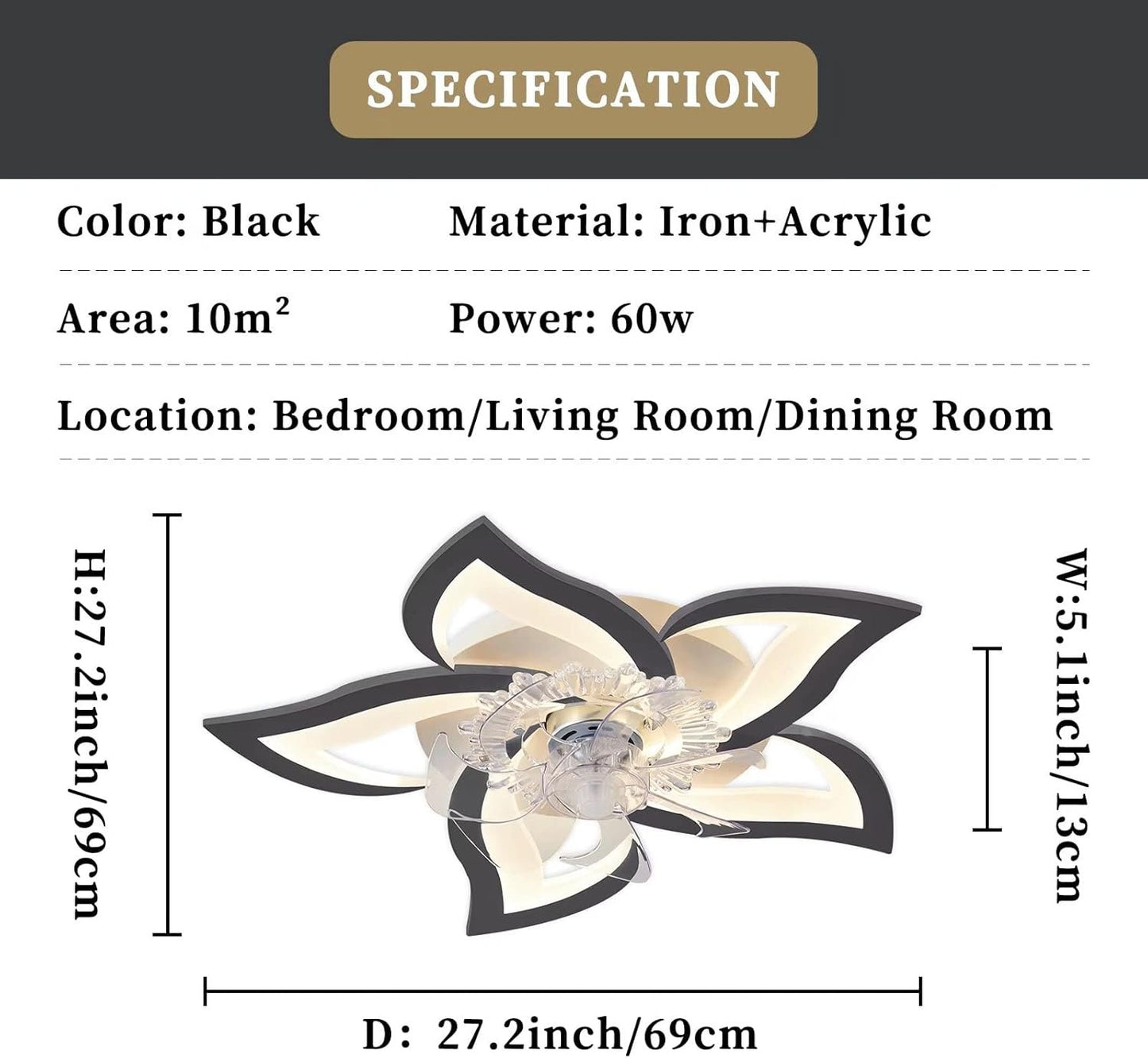 27.2‘’ Ceiling Fan with Lights and Remote Control, 5 Petals Modern Bladeless Flush Mount Fan Light, Low Profile 3 Switchable LED Light and Ultra Quiet 6 Gear Wind Speed, Ceiling Fan with Smart Timer