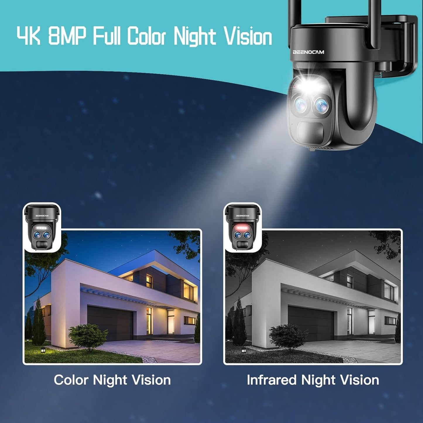4K 8MP Solar Security Cameras Wireless Outdoor Battery Powered,360Â°PTZ Wireless Cameras for Home Security with Spotlight Siren, 5Dbi Dual antenna,PIR Human Detection,Color Night Vision,2-Way Talk
