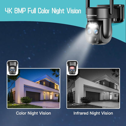 4K 8MP Solar Security Cameras Wireless Outdoor Battery Powered,360Â°PTZ Wireless Cameras for Home Security with Spotlight Siren, 5Dbi Dual antenna,PIR Human Detection,Color Night Vision,2-Way Talk