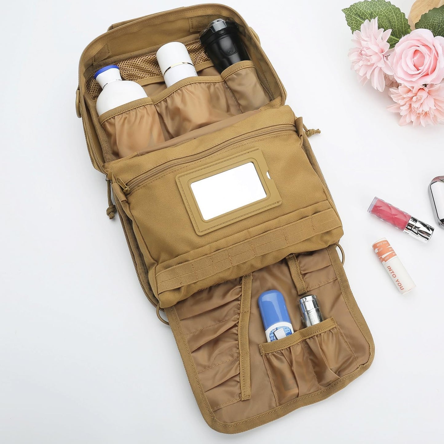 SMONT Tactical Toiletry Bag for Men, 9.5" Hanging Dopp Kit Shaving Hygiene Bag for Traveling Bathroom, Brown, Multifunctional