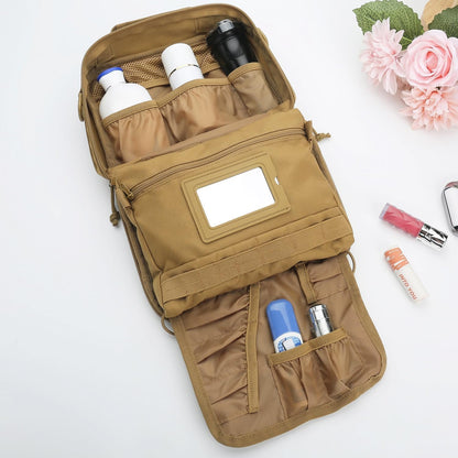 SMONT Tactical Toiletry Bag for Men, 9.5" Hanging Dopp Kit Shaving Hygiene Bag for Traveling Bathroom, Brown, Multifunctional