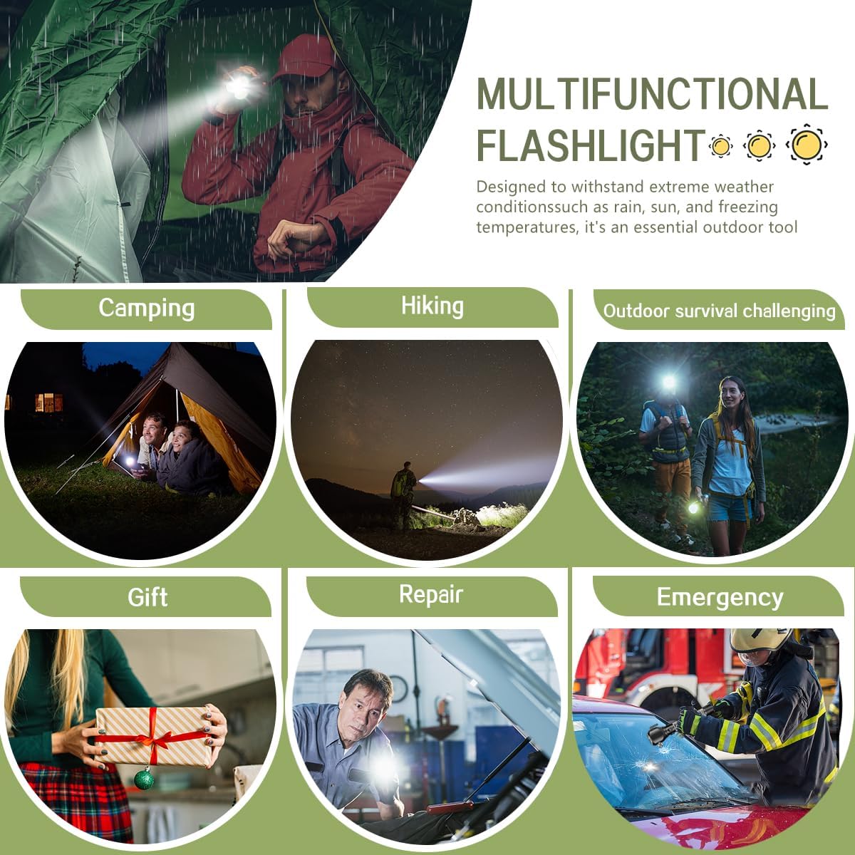 Serjur Rechargeable Solar Powered Flashlight,Multi Function LED Tactical Flashlight with Glass Breaker,Seatbelt Cutter,Alarm and Phone Charger,Powerful Handheld Flashlights for Emergencies Camping