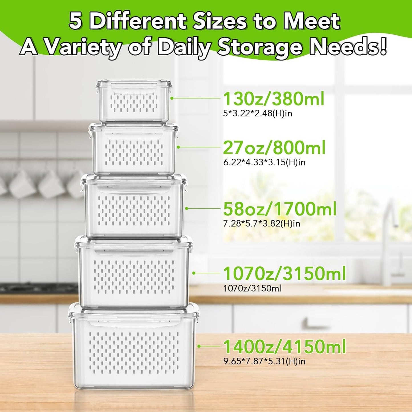 5 PCS Fruit Storage Containers for Fridge, 5 Sizes (13oz-140oz) Leakproof & Airtight with Silicone Seal, Draining Colander, Food Grade BPA-Free, Keep Fruits Vegetables Fresh for Camping, Kitchen