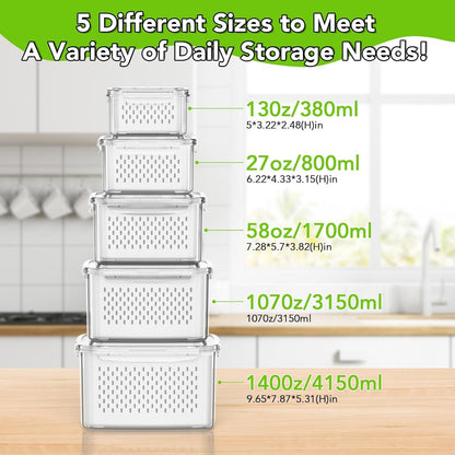 5 PCS Fruit Storage Containers for Fridge, 5 Sizes (13oz-140oz) Leakproof & Airtight with Silicone Seal, Draining Colander, Food Grade BPA-Free, Keep Fruits Vegetables Fresh for Camping, Kitchen