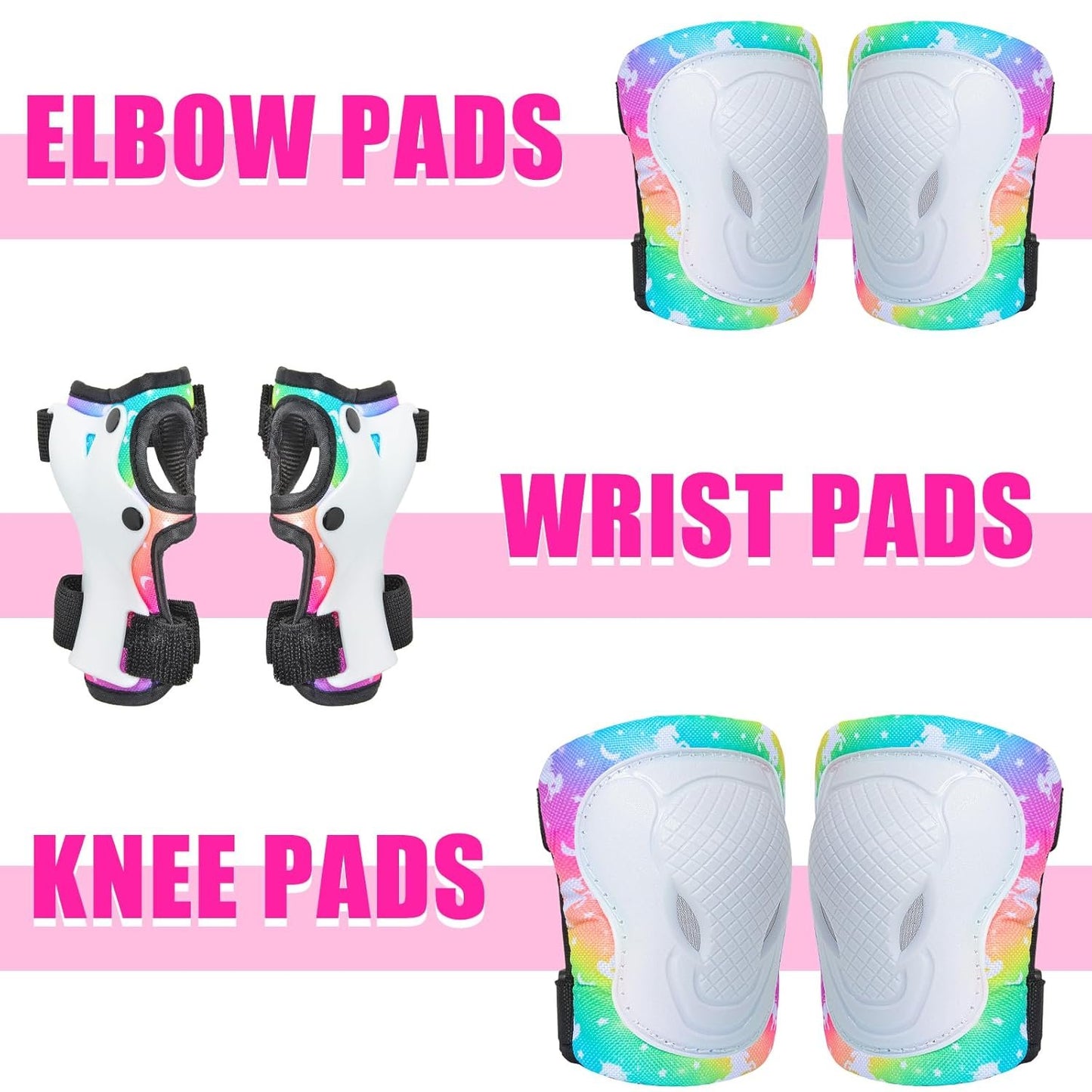 AuSletie 7 in 1 Kids Protective Gear Set for 3-8 Years, Kids Girls Knee Pads and Elbow Pads with Wrist Guards and Portable Mesh Bag for Skateboard, Roller Skating,Bicycle, Scooter, Cycling