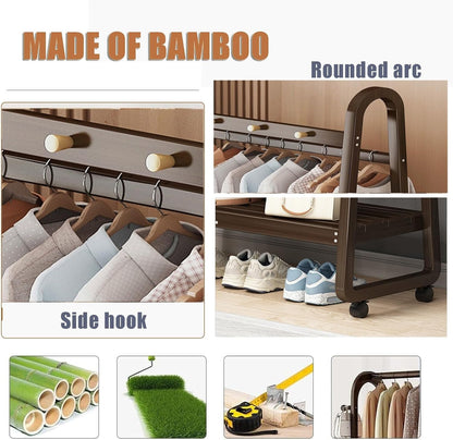 Generico Appendiabiti Multifunzionale in bambù con Ruote, 3-5 Ganci e ripiano portascarpe Mobile – Elegante Porta Abiti per Camera da Letto e Soggiorno, Design Color Legno da 80 cm