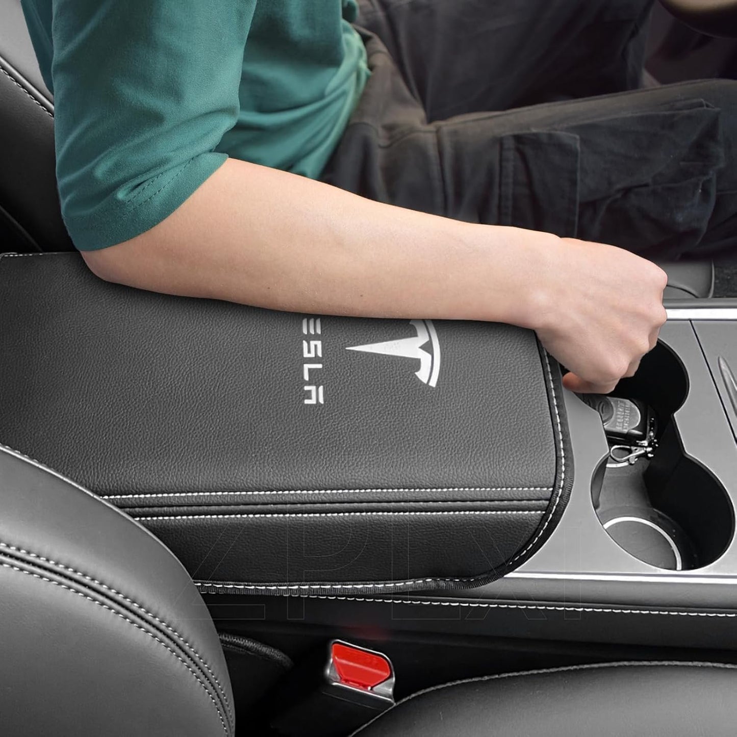 Armrest Cover for Tesla Model 3 Highland Model Y 2024-2017, PU Leather Center Console Arm Rest Anti-Scratch Protector Pad, Non-Slip Interior Accessories for Tesla Model 3 2024 (Black)
