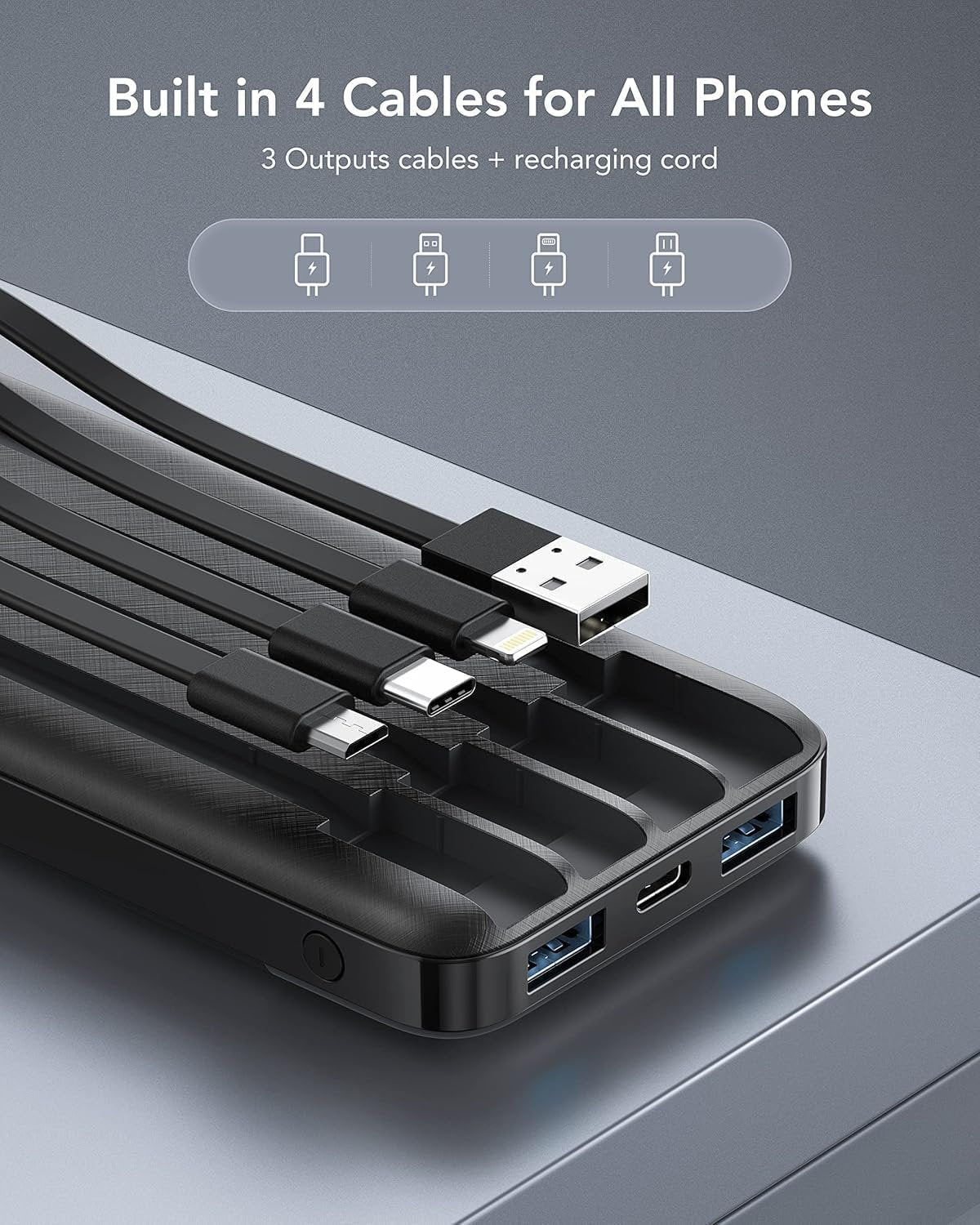 Charmast Power Bank with Built in Cable, 10000mAh USB C Battery Pack 6 Outputs 2 Inputs with LED Display Type C Powerbank Portable Charger Compatible with Smartphones Tablets and More (Black)