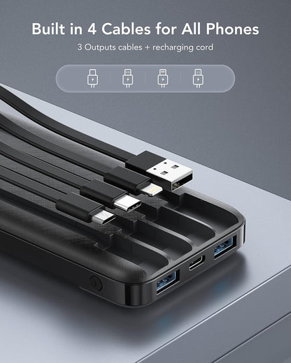 Charmast Power Bank with Built in Cable, 10000mAh USB C Battery Pack 6 Outputs 2 Inputs with LED Display Type C Powerbank Portable Charger Compatible with Smartphones Tablets and More (Black)