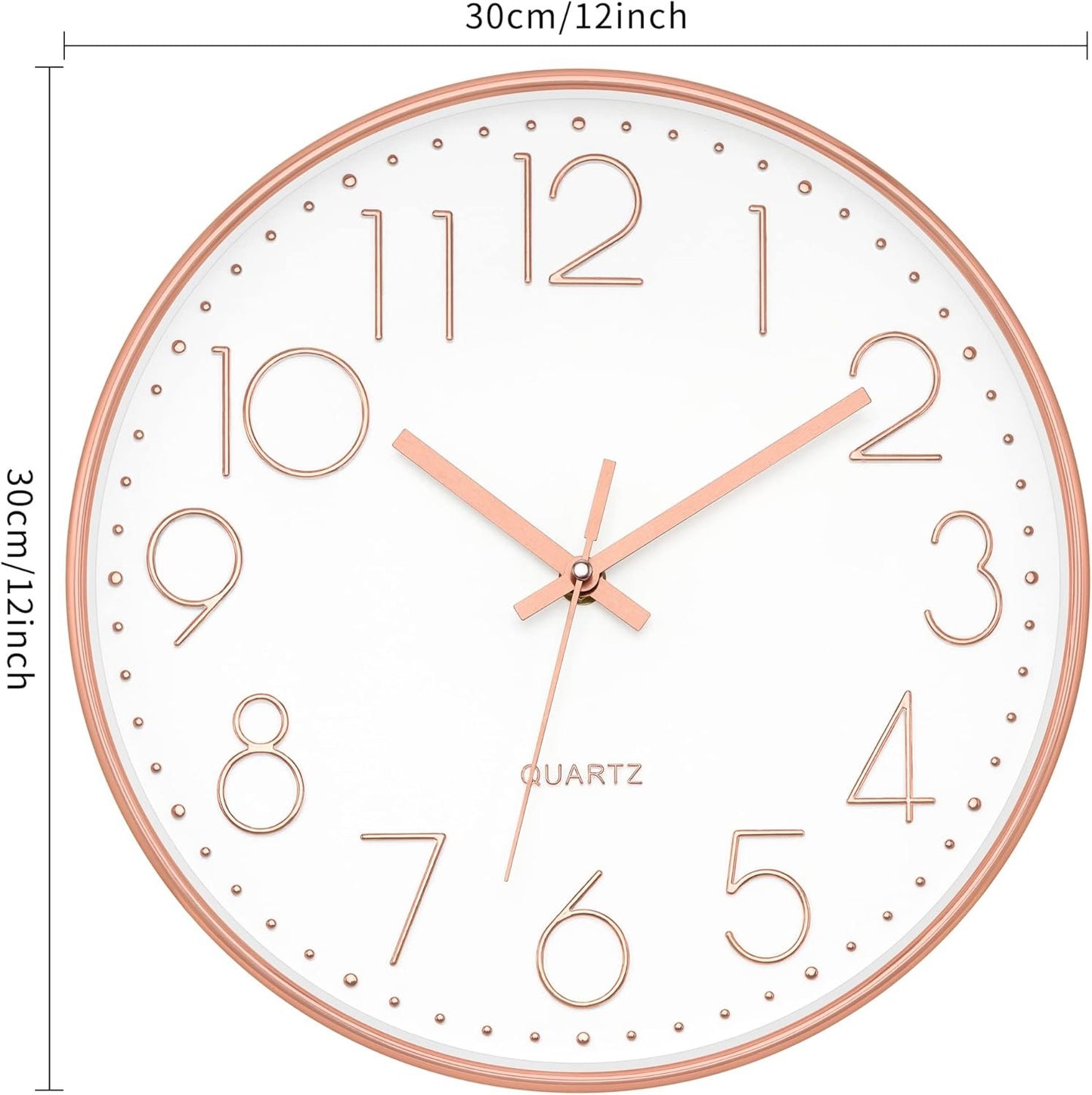 Foxtop Modern Wall Clock 12 Inch Non-Ticking Rose Gold Wall Clock Silent Battery Operated Round Quartz Clock for Living Room Bedroom Home Office School Decor