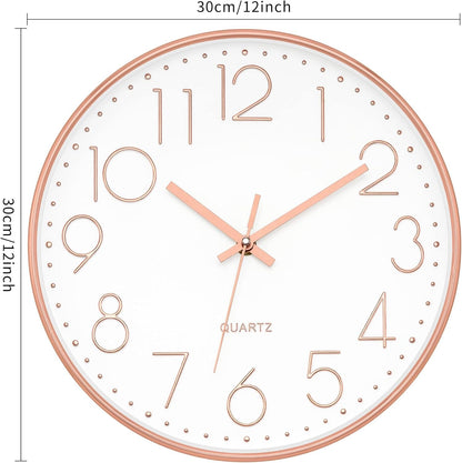 Foxtop Modern Wall Clock 12 Inch Non-Ticking Rose Gold Wall Clock Silent Battery Operated Round Quartz Clock for Living Room Bedroom Home Office School Decor