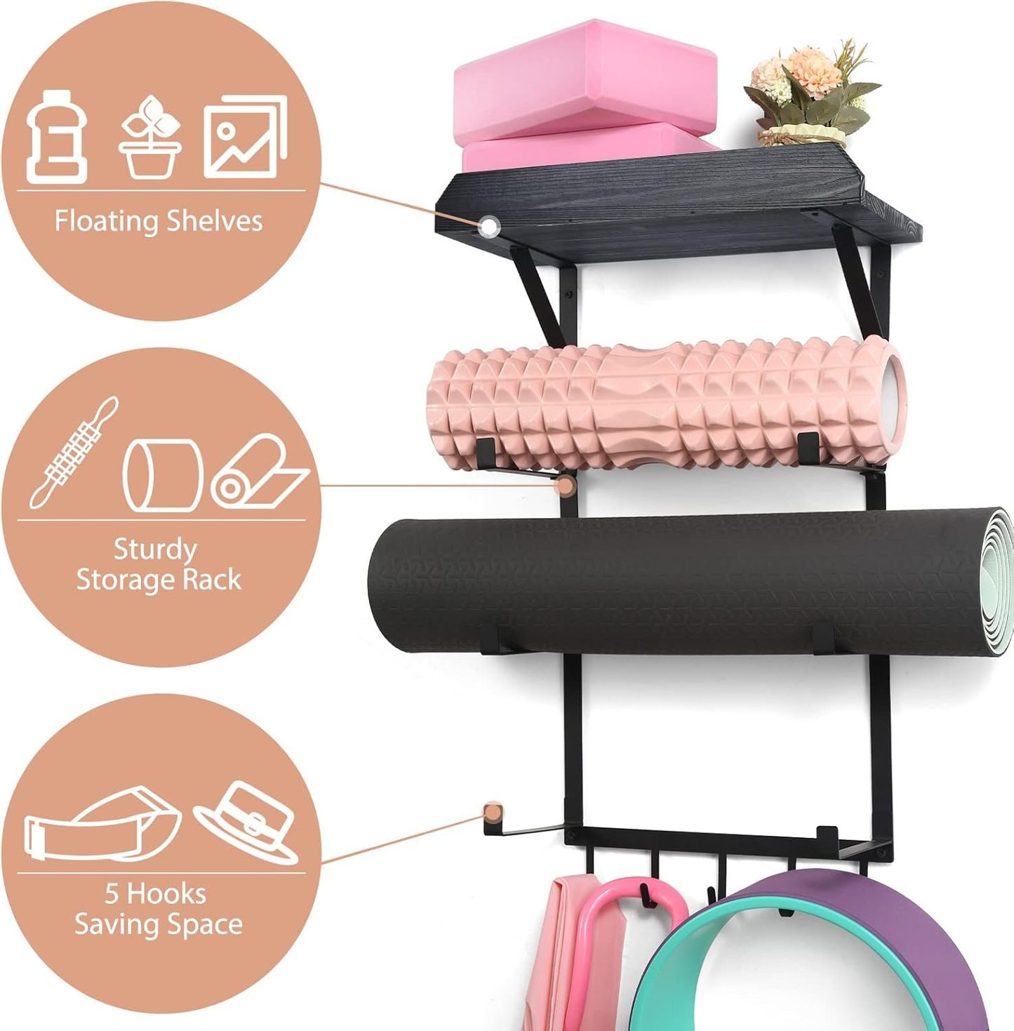 DOCMON Yoga Mat Holder Wall Mount,17" x 28" Yoga Mat Rack Home Gym Accessories, Storage for Foam Roller, with Wood Floating Shelves and 5 Hooks for Hanging Yoga Strap and Resistance Bands (Black)
