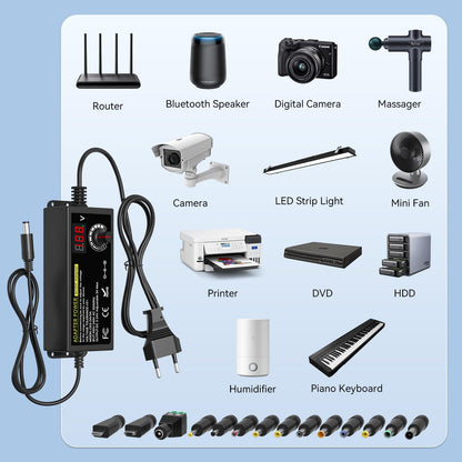 Binamao Adjustable Power Adapter 3 V-24 V 3 A 72 W Universal Adapter with 14 Tips and Polarity Converter for Electronics 3 V-24 V DC Motor DVD Universal Power Supply AC/DC 100 V-240 V