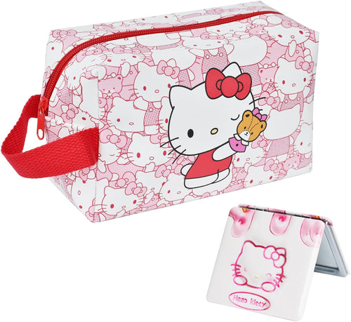 ENENSET kitty Travel Cosmetic Bag, Large Capacity Cartoon Cosmetic Pouch Makeup Bag with Zipper, PU Travel Toiletry Bag Makeup Accessories Organizer, Foldable Storage Bag Makeup Pouch for Girls, Hello
