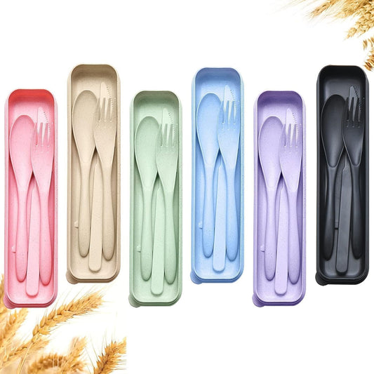 6-Piece Reusable Travel Cutlery Set (with Box), Wheat Straw Portable Knife Fork Spoon Cutlery for Adults Travel Picnic Camping Utensils, 6 Colors