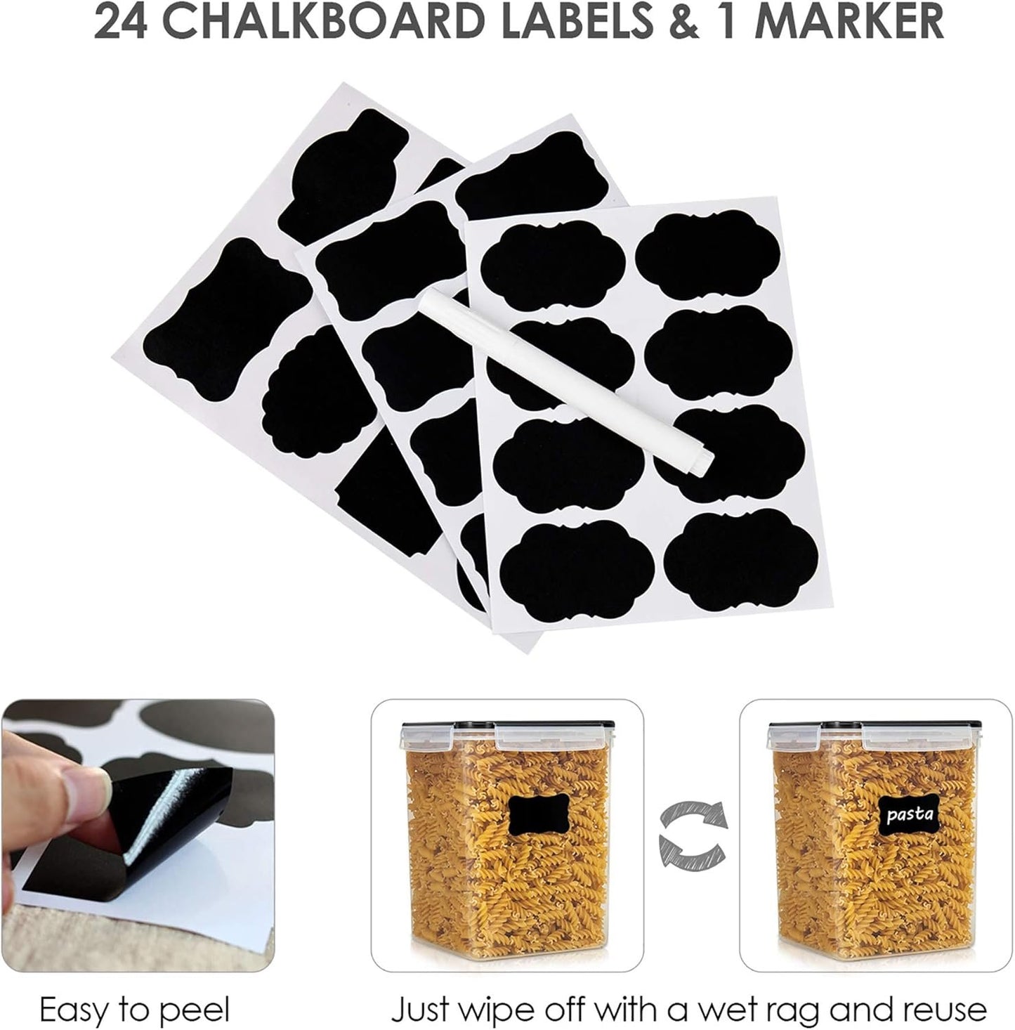 Vtopmart 4 Pcs Large Pantry Food Storage Containers 5.2L, 176oz, BPA Free Plastic Airtight Kitchen Organizers and Storage for Flour, Cereal, and Pasta with 4 Measuring Cups and 24 Labels, Black