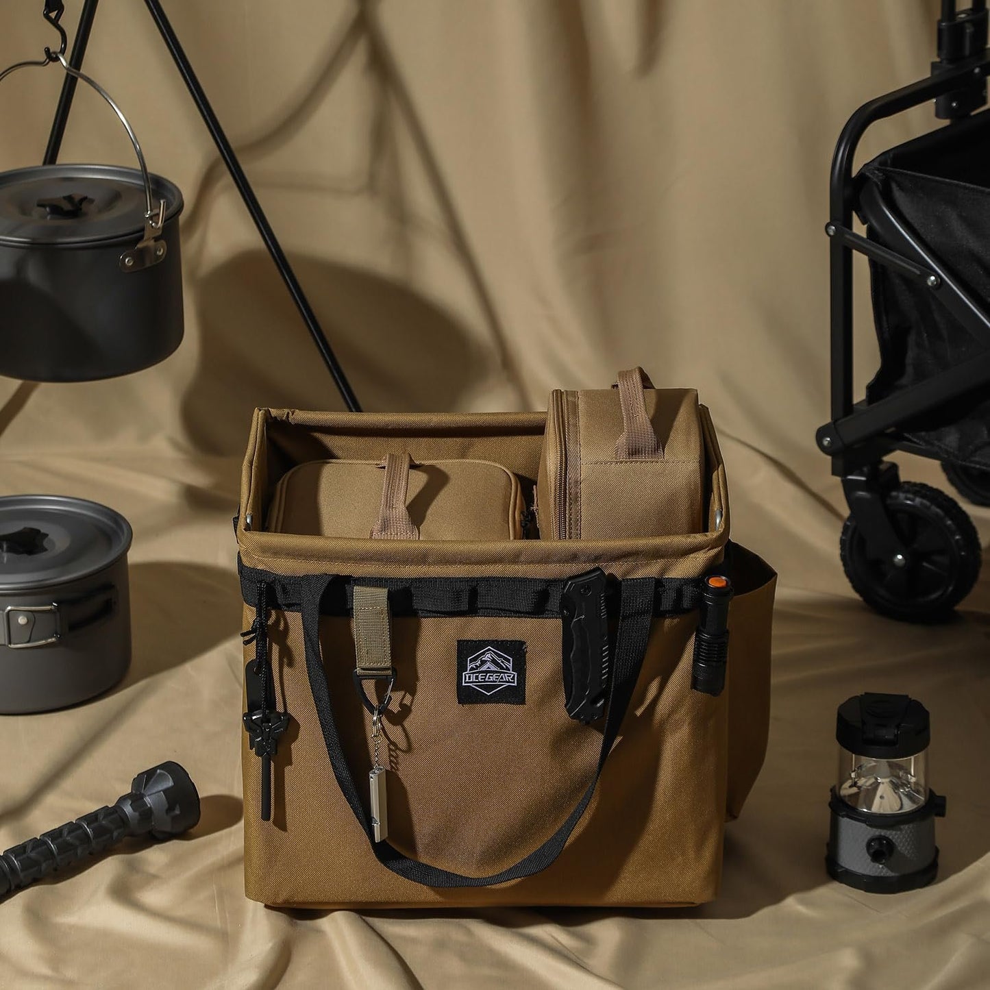 SEPWIK Camping Storage Bag Multifunctional Collapsible Tactical Bag, Car Trunk Organizer for Tool, Cookware Carry Bag, Picnic Basket for Outdoor, Travel, Hiking, Camper, RV (Khaki)