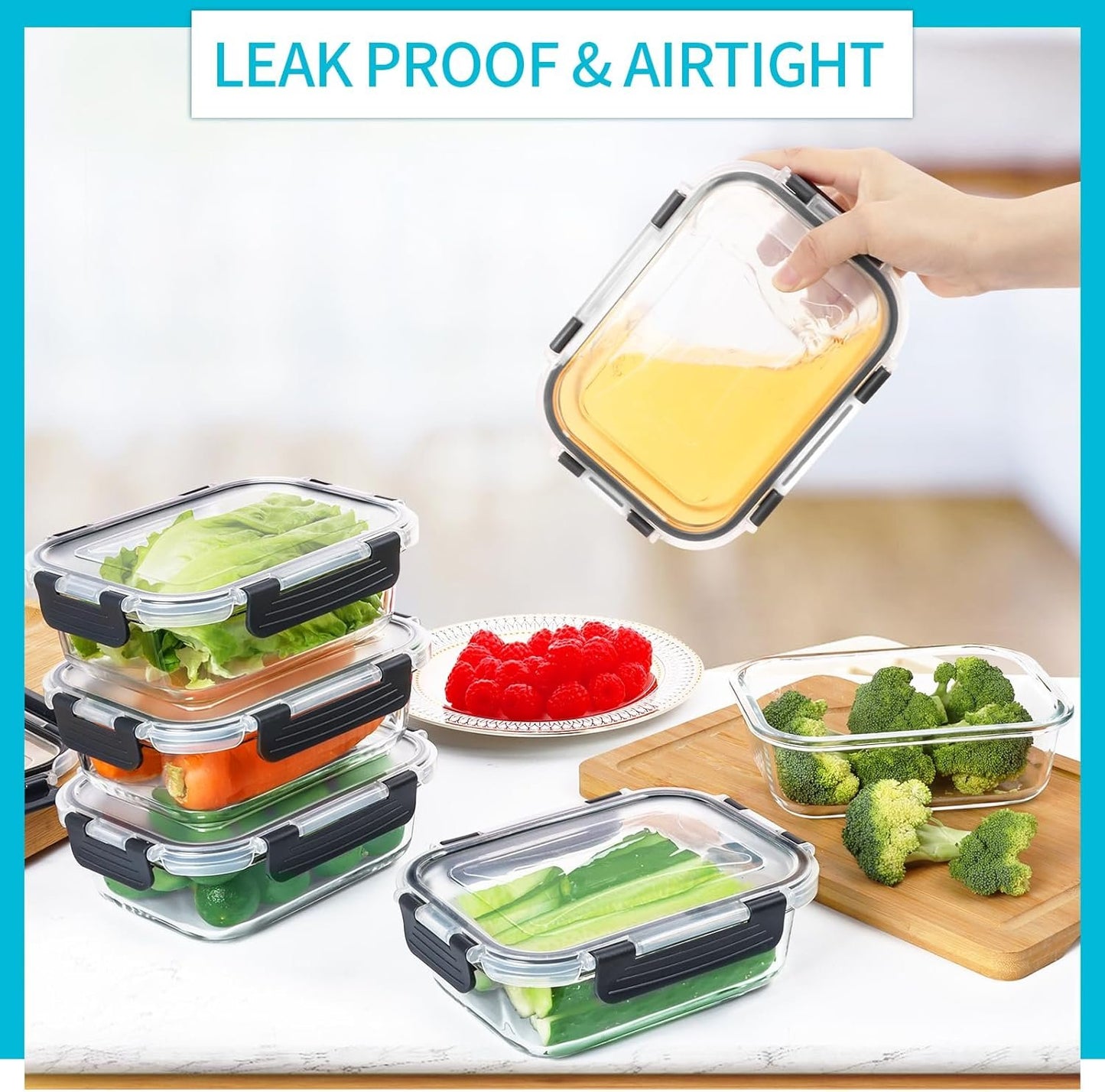 Skroam 10 Pack Glass Meal Prep Containers, Glass Airtight Food Storage Containers with Lids, Pantry Kitchen Storage Containers for Lunch, Food Storage, Meal Prep, Glass Lunch Bento Boxes - 22 OZ