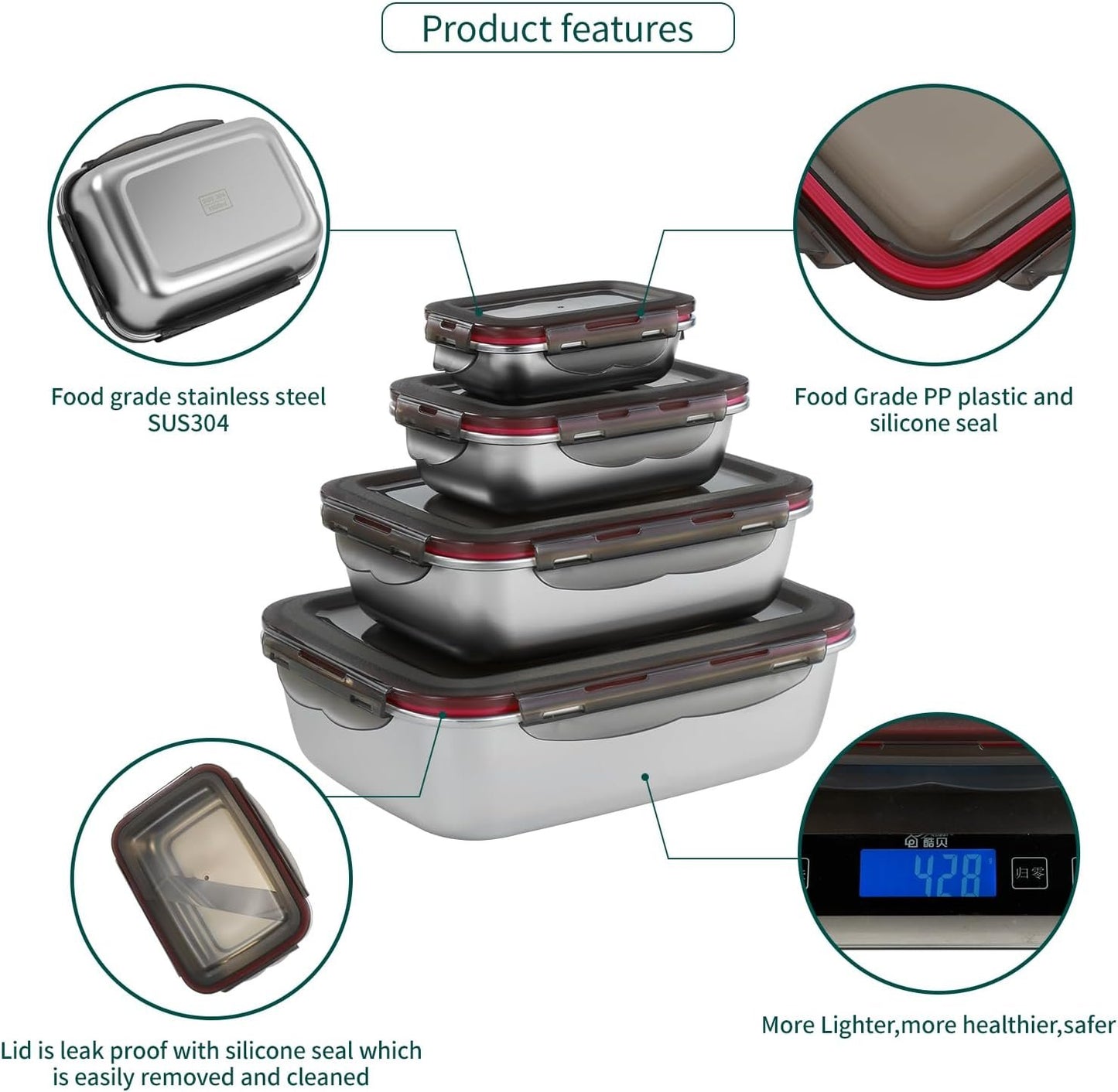 YLARMY 4PCS Stainless steel Food Storage Container with lids - Leakproof & Airtight for Kitchen,Meal Prep Lunch Box, Stackable Leftover Containers for Freezer Oven Safe - 220ml/600ml/1500ml/2900ml