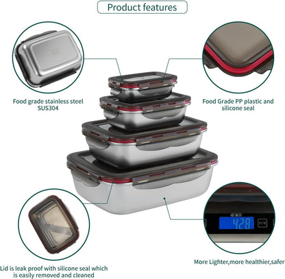 YLARMY 4PCS Stainless steel Food Storage Container with lids - Leakproof & Airtight for Kitchen,Meal Prep Lunch Box, Stackable Leftover Containers for Freezer Oven Safe - 220ml/600ml/1500ml/2900ml