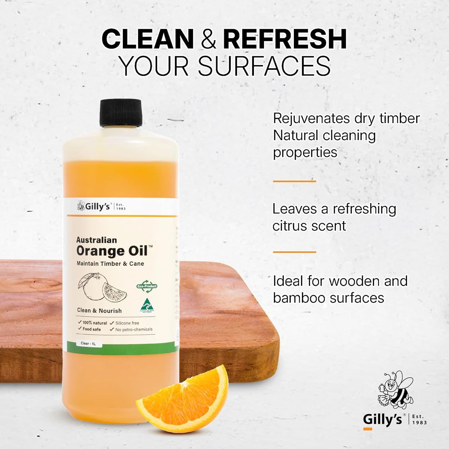 Gilly's Orange Oil 1 Litre | All-Purpose Natural Finish for Wooden Chopping Boards, Cutting Boards & Furniture | Essential Oil Blend for Cleaning, Restoring Cane, Bamboo & Wooden Surfaces