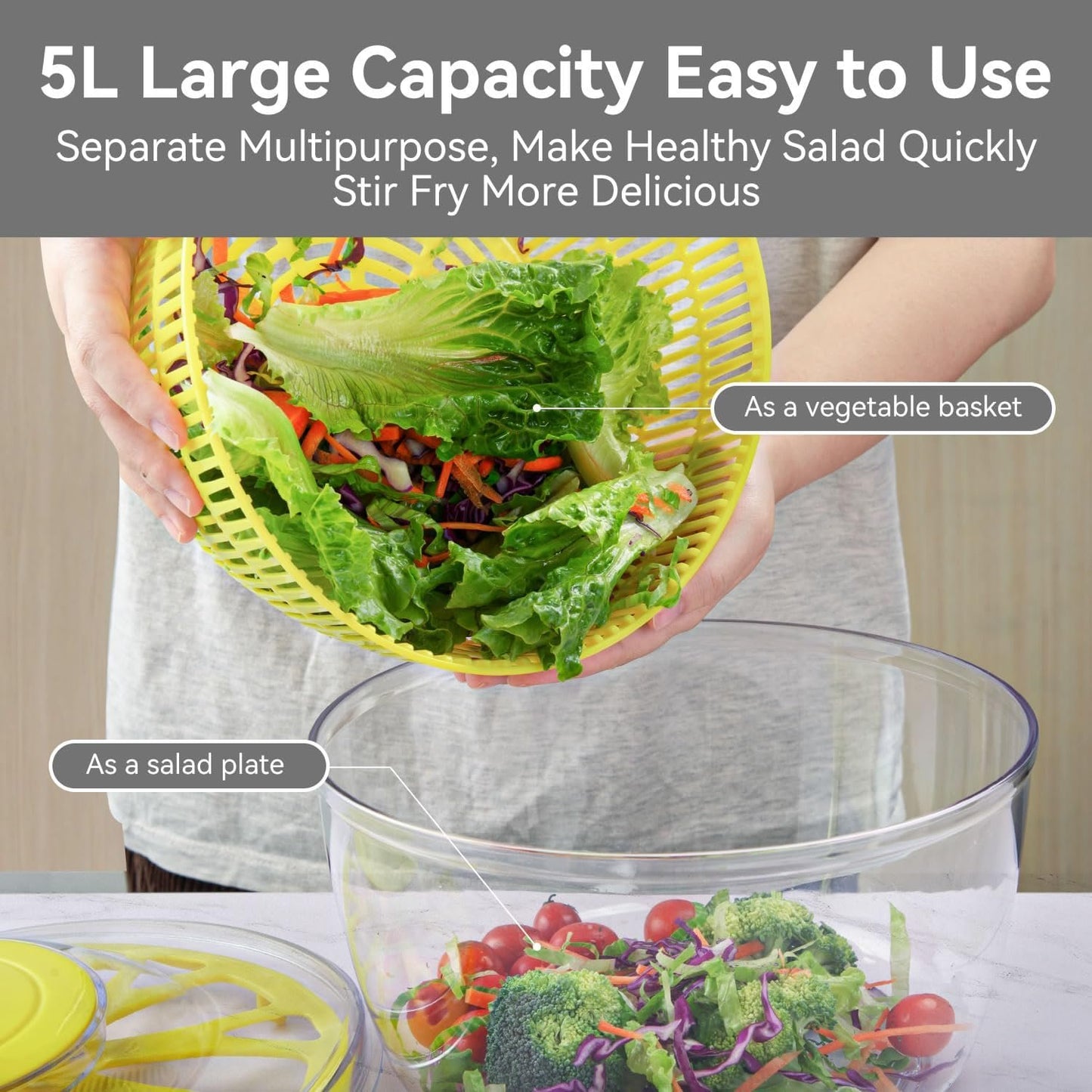 Stelive 2-in-1 Salad Spinner & Mandoline Slicer Lettuce Spinner Vegetable Washer Dryer with 5 Interchangeable Blades, 5L Large Capacity, Easy to Clean, Food-Grade Kitchen Tool for Vegetables & Fruits