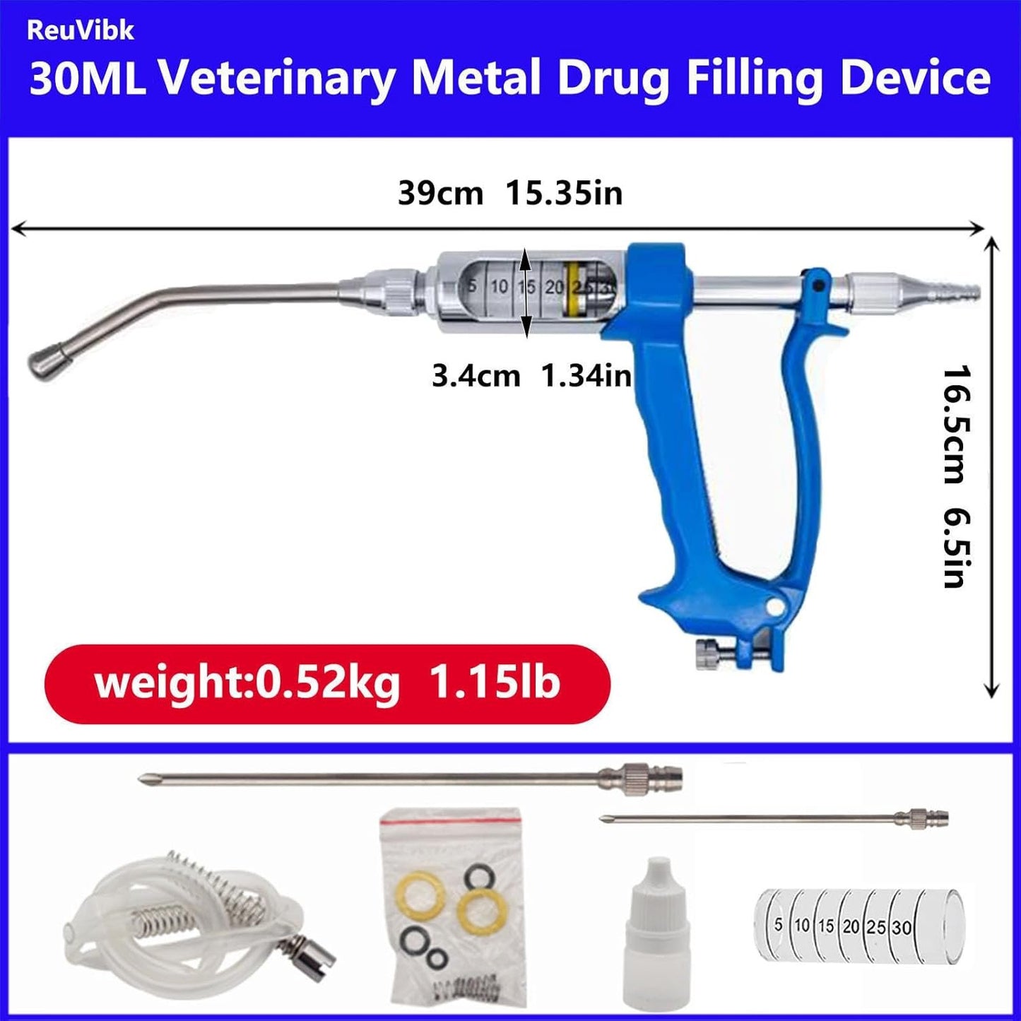 30ML Adjustable Veterinary Metal Feeding Gun, Continuous Drench Gun Continuous Dosing Device Veterinary Medicine Dispenser Husbandry Autonomous Feeding Tool, for Pig Cow, Sheep, Horse