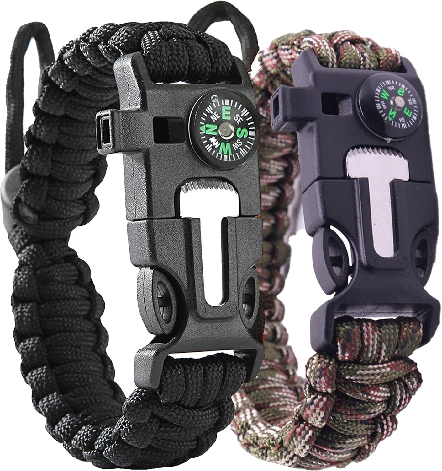 2 Pack Adjustable Paracord Bracelets Kit, Ourtdoor Survival Bracelets Gift with Firestart Whistle Loudest Camping Compass