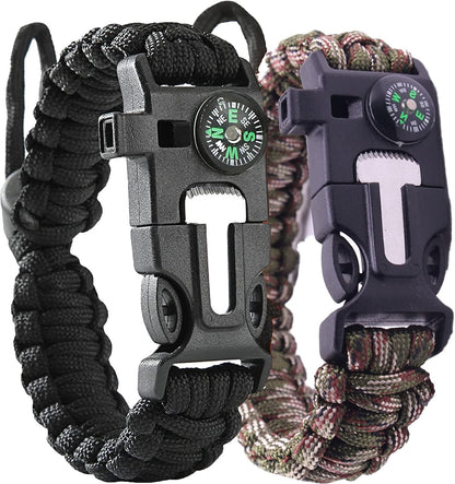 2 Pack Adjustable Paracord Bracelets Kit, Ourtdoor Survival Bracelets Gift with Firestart Whistle Loudest Camping Compass