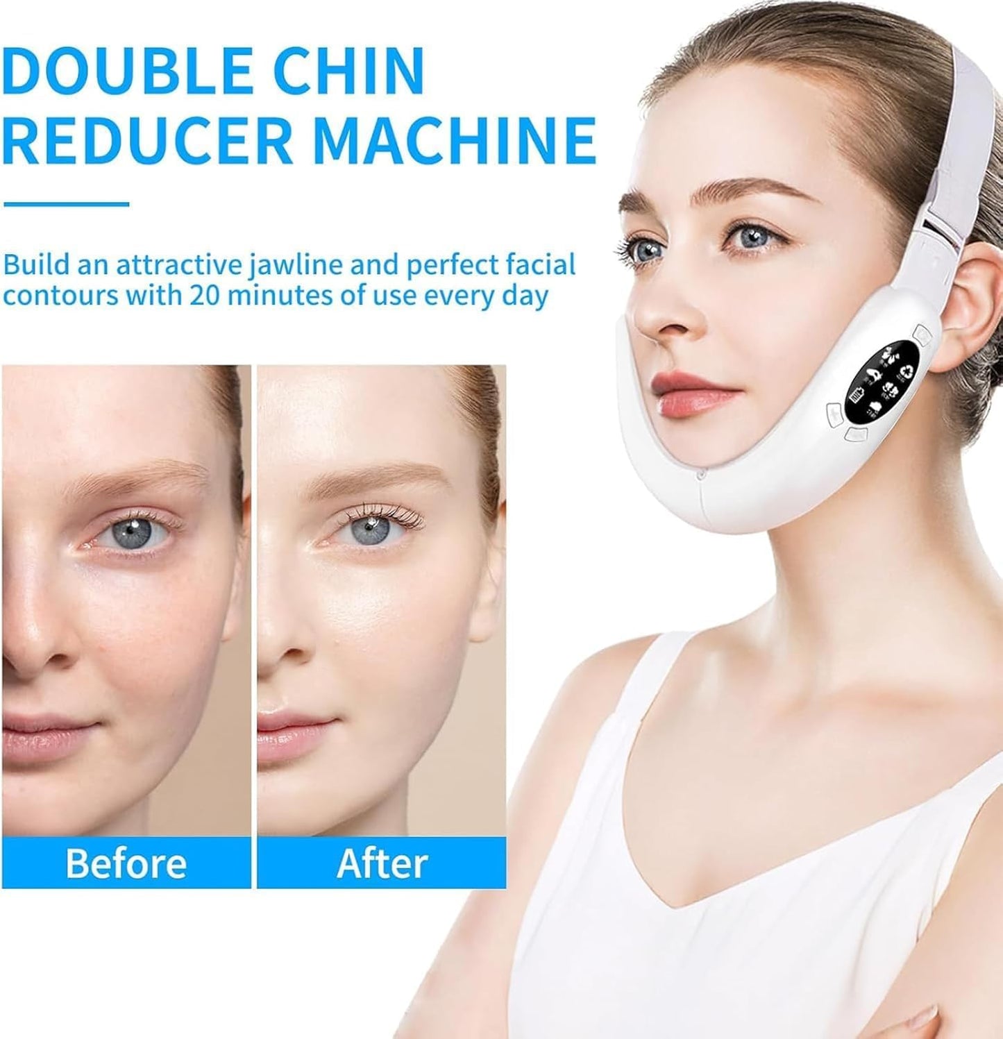 Slimdefine Face Massager, Slimdefine Jawline Massager, Slimdefine V Face Beauty Device, with 8 Modes, The Straps are Freely Adjustable (White)